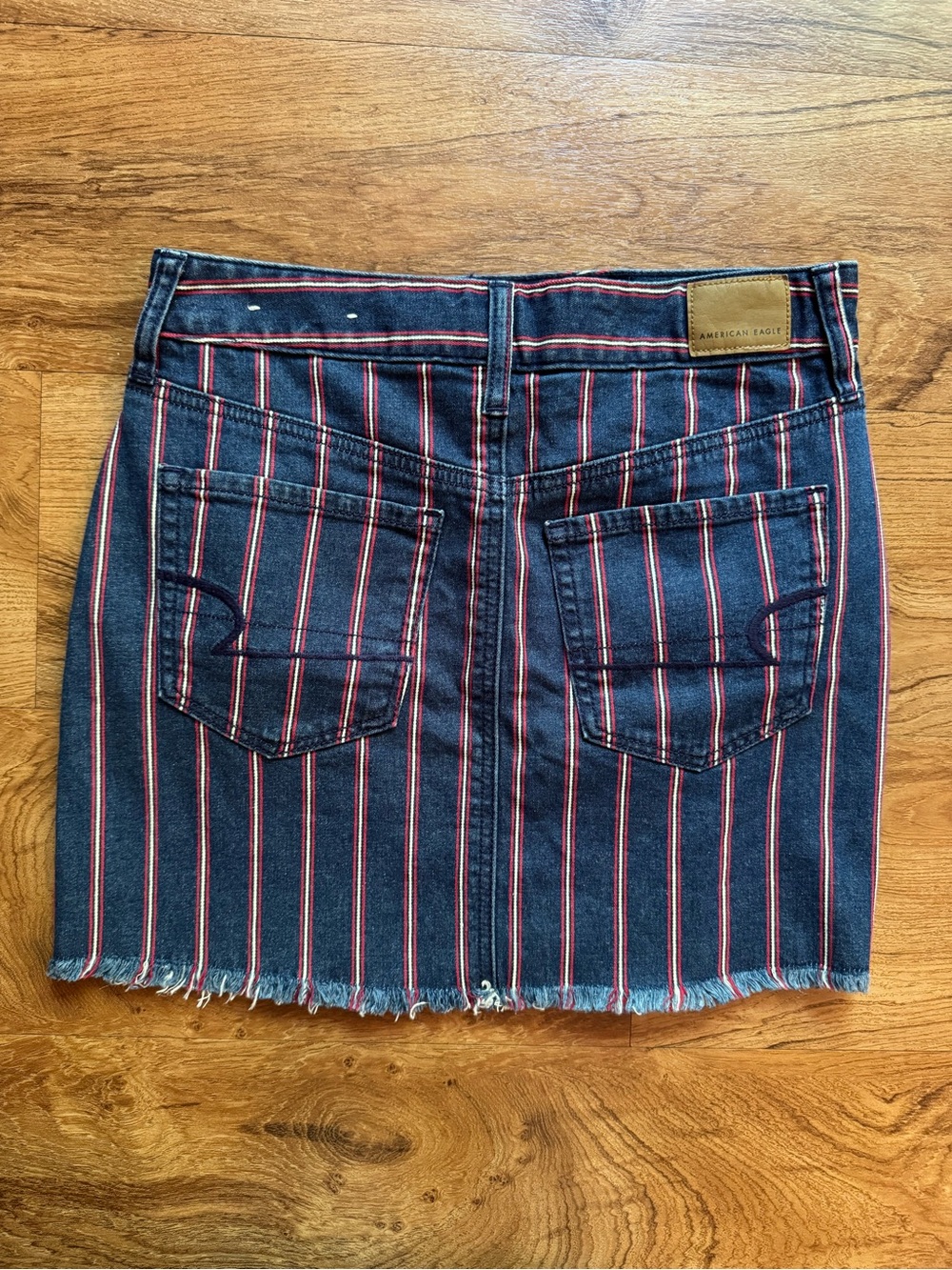 Striped Dark Blue Denim Mini Skirt with Red & White Pinstripes - Picture 2 of 5